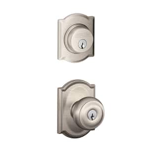 Georgian Satin Nickel Single Cylinder Deadbolt and Keyed Entry Door Knob with Camelot Trim Combo Pack