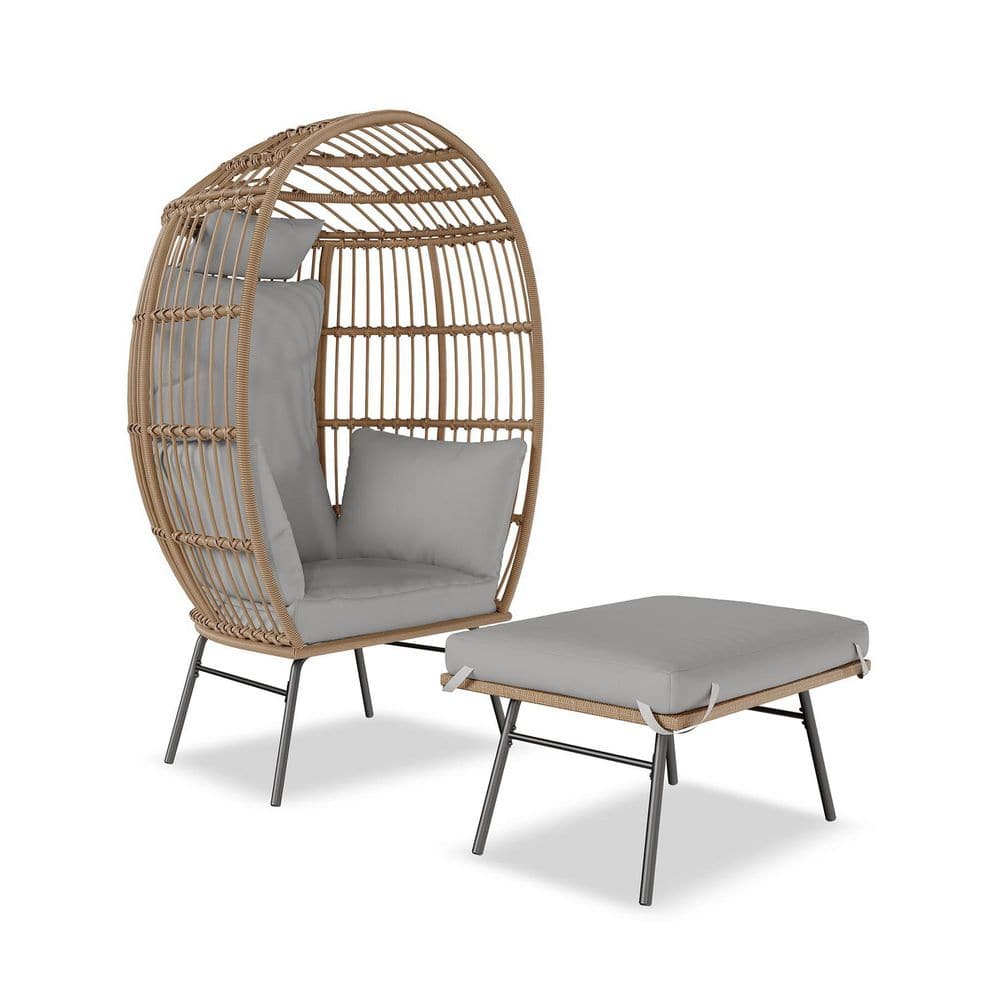 Oversized Wicker Egg Chair Indoor/Outdoor Metal Frame Lounge Chair with Ottoman and Gray Cushions price history on PriceWatchPro