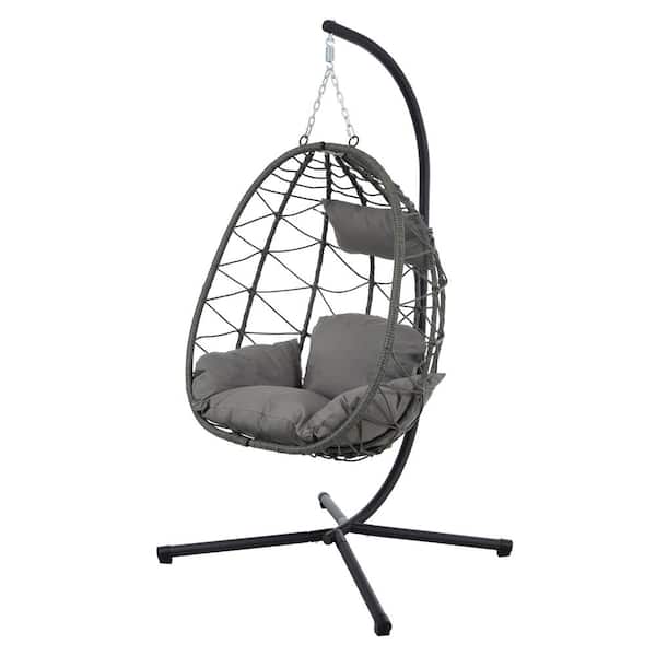 Unbranded Gray Wicker Porch Swing Chair, Patio Hanging Egg Chair with Stand and Gray Cushion for Bedroom Living Room Balcony