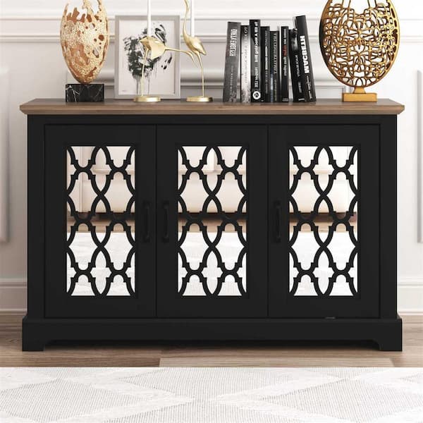GALANO Heron Black and Knotty Oak Wood 45.8 in. 3-Doors Sideboard with Adjustable Shelves