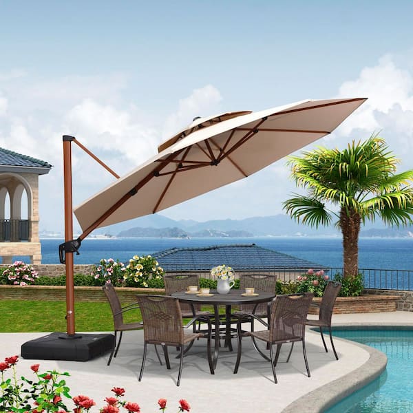 12 ft. Octagon High-Quality Wood Pattern Aluminum Cantilever Polyester Patio Umbrella in Beige with Stand