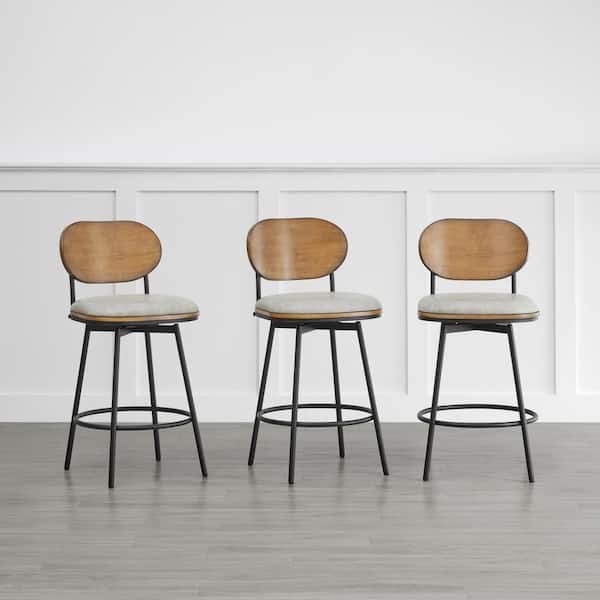 Aloysius 27 in. Grey High Back Bar Stools Metal Swivel Counter Stools with Leather Seat (Set of 3)