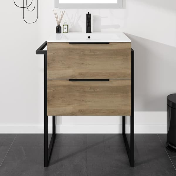 Marina 27 in. Single Sink Natural Oak Bath Vanity with White Porcelain Top (Assembled)