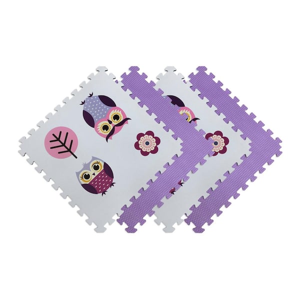 Norsk Reversible Owls/Purple Children's Designer 24 in. x 24 in. x 0.47 in. Foam Mats (4-Pack)