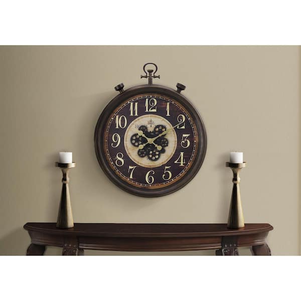 Industrial 24 in. Brown Analog Round Plastic Wall Clock with Gear Mechanism, Traditional & Decorative Non-ticking Clock