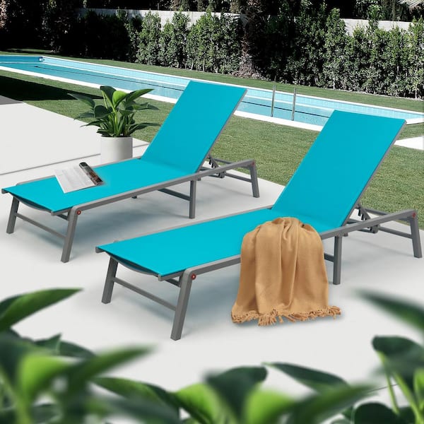 KOZYARD 2-Packs Outdoor Lounge Chair Foldable Lounge Chair with 5-Adjustable Backrest Patio Lounger Assemble-Free Recliner(Aqua)