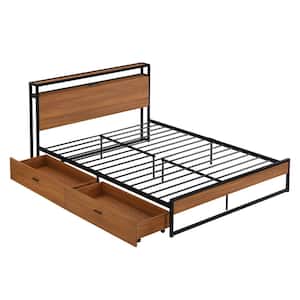 87 in.L x 62 in.W x 39 in.H Black Metal Frame Queen Size Platform Bed with 2-Drawers, 2-Sockets, and 2-USB Ports