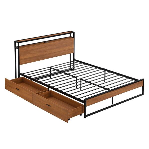 Aoibox 87 in.L x 62 in.W x 39 in.H Black Metal Frame Queen Size Platform Bed with 2-Drawers, 2-Sockets, and 2-USB Ports