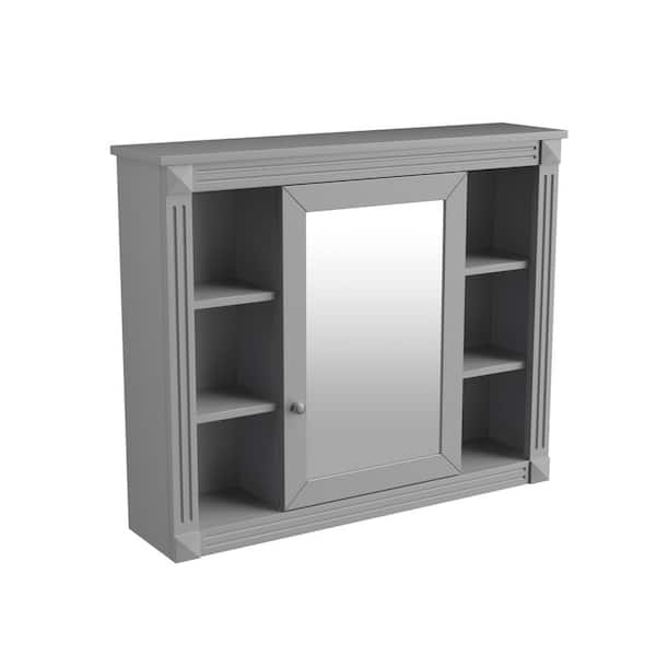 35 in. W x 28.7 in. H Grey Rectangular MDF Wall Mounted Bathroom Medicine Cabinet with Mirror and 6 Open Shelves