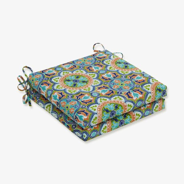Pillow Perfect 20 in. x 20 in. Outdoor Dining Chair Cushion in Blue/Green/Orange (Set of 2)