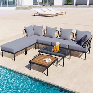 8-Piece Black Metal Outdoor Sectional Set with Light Gray Cushions, Tempered Glass Coffee Table, Wooden Coffee Table