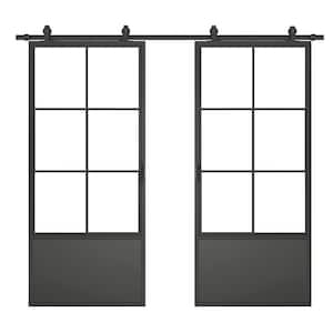 74 in. x 84 in. Clear Glass Black Steel Frame Interior Double Sliding Barn Door with Hardware Kit and Door Handle