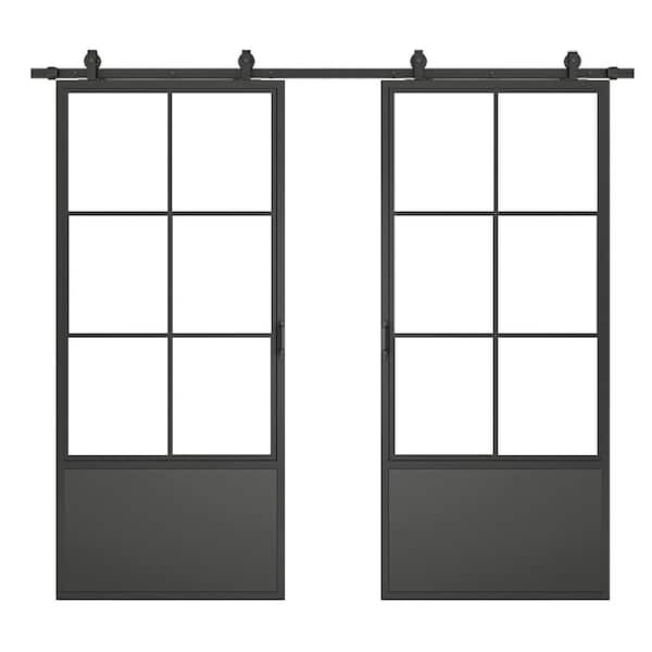 CALHOME 74 in. x 84 in. Clear Glass Black Steel Frame Interior Double Sliding Barn Door with Hardware Kit and Door Handle