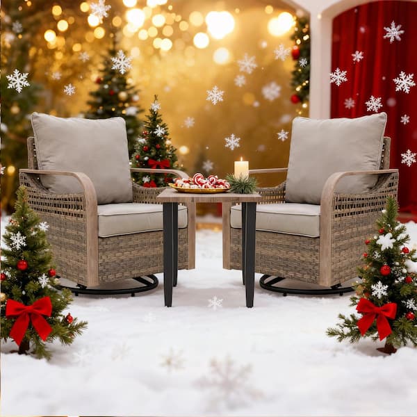 COOS BAY 3-Piece Brown Wicker Outdoor Conversation Set Swivel Rocking Chairs with Gray Cushions and Wood Grain Top Side Table