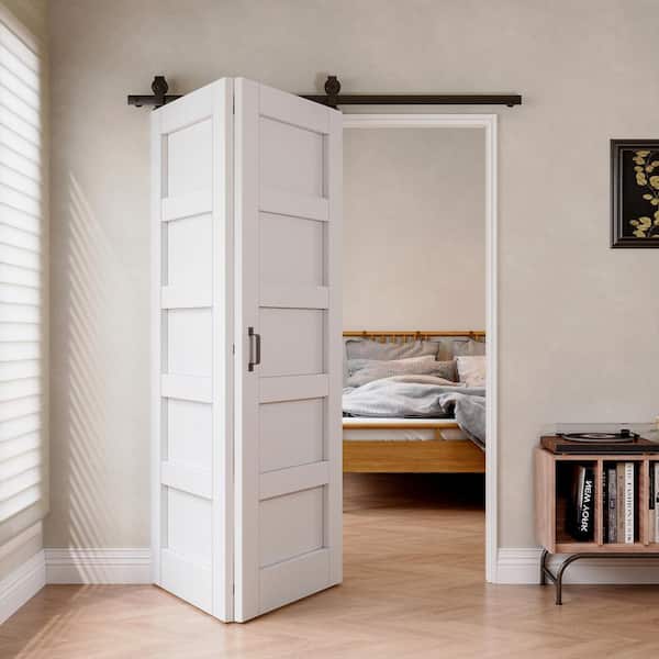 ARK DESIGN 60 in. x 80 in. Paneled 5 Lite White Primed MDF Bifold Sliding Barn Door with Hardware Kit