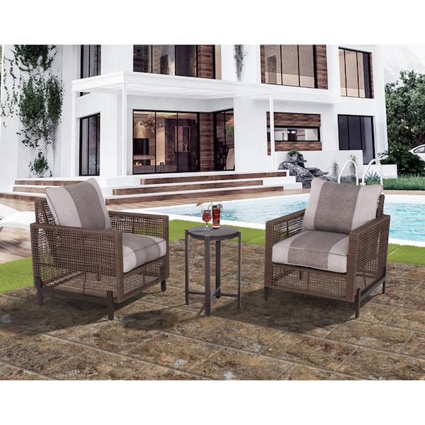 3-Piece Patio Aluminum All-Weather Outdoor Chat Set, 2 Outdoor Wicker Rattan Chairs with Cushions and Bistro Table