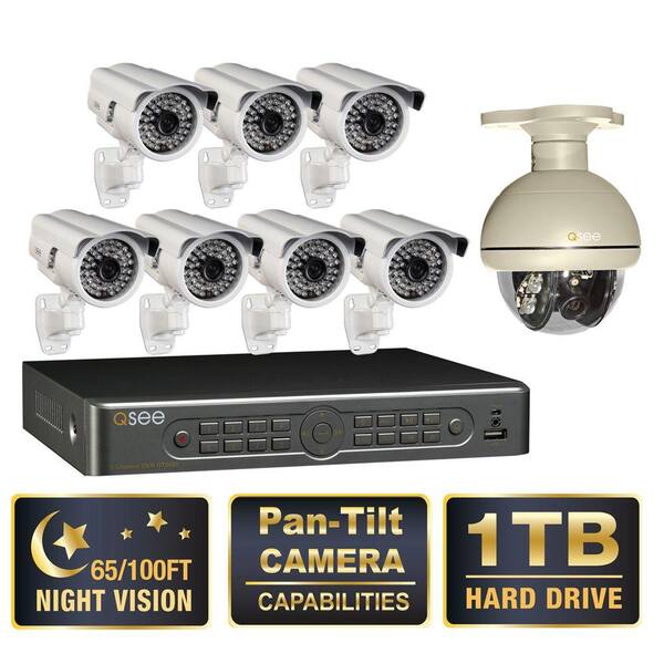 Q-SEE Premium Series 8-Channel D1 1TB Surveillance System, 7 Bullet and 1 Pan-Tilt Cameras, 650 TVL, 100 ft. Night Vision