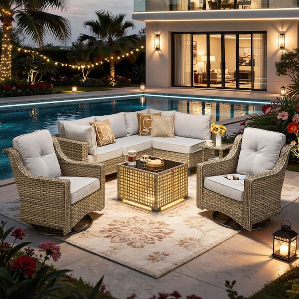 Melly Gray 8-Piece Wicker Patio Conversation Set with Gray Cushions and Swivel Rocking Chairs