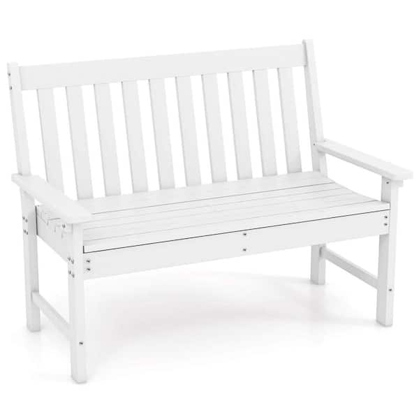 White Plastic Outdoor Bench All-Weather 2-Person Outdoor Bench for Front Porch Garden Backyard