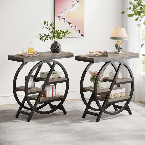 BYBLIGHT 25.59 in. Gray Rectangle Engineered Wood End Table, 3-Tier Narrow Side Table Set of 2