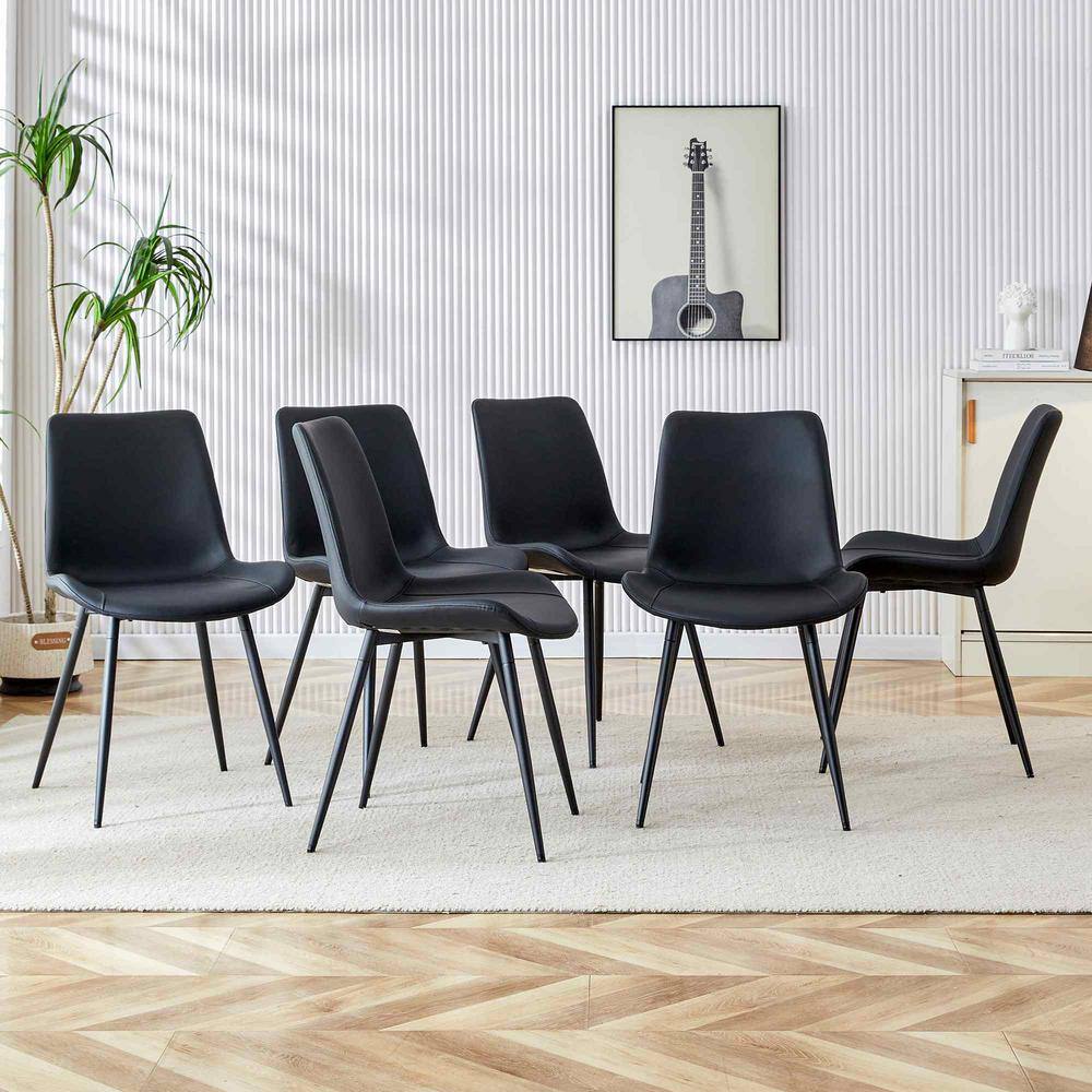Six modern black faux leather dining chairs arranged in a group.