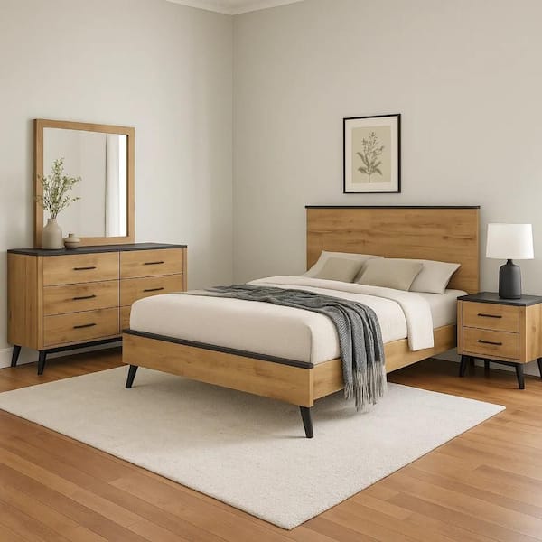 Wemy 4-Piece Brown and Black Wood Queen Bedroom Set