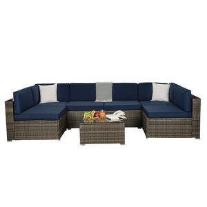 Gray 7-Piece Wicker Patio Conversation Sectional Seating Set with Navy Cushions