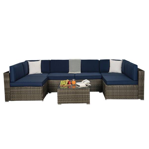Unbranded Gray 7-Piece Wicker Patio Conversation Sectional Seating Set with Navy Cushions