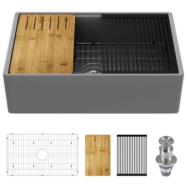 33 in. Fireclay Single Bowl Farmhouse Apron Undermount Workstation Kitchen Sink in Gray with Accessories
