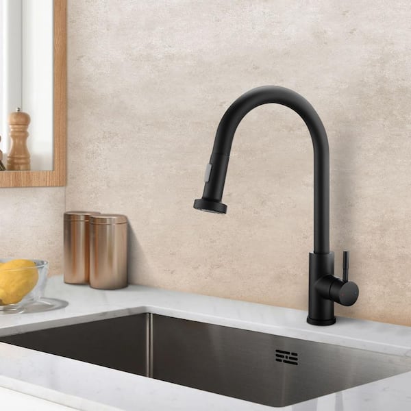 Satico Single Handle Gooseneck Pull Out Sprayer Kitchen Faucet In Matte Black BM F The