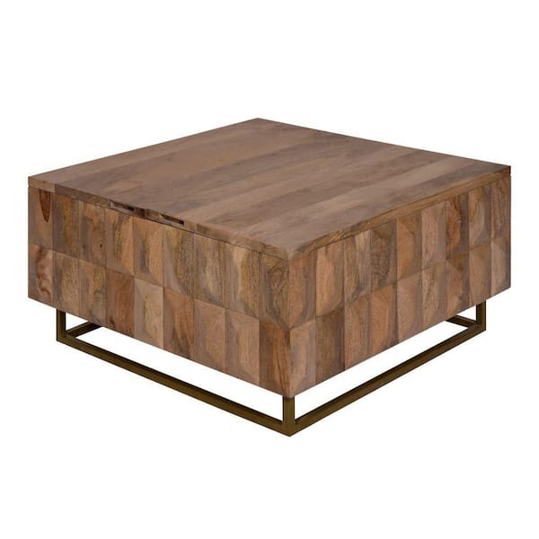 THE URBAN PORT 33 In. Natural Square Brown Mango Wood Lift Top Storage Trunk Coffee Table