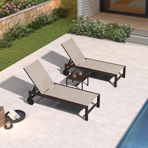 Aluminum Bronze Frame Outdoor Metal Patio Chaise Lounge with Side Table and Wheels, Misty Grey