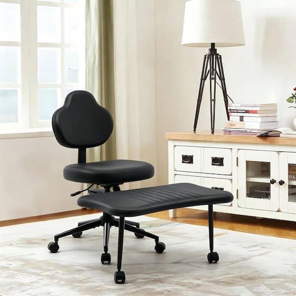Faux Leather Ergonomic Cross Leg Office Stool Chair in PU Black, Adjustable Height Chair with Wheels, Lumbar Support