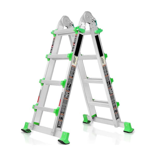 Extension Ladder 14 Ft 4 Step Multi Position A-Frame w/ Stabilizer Bar Compact Folding 330 lbs Telescopic Aluminum