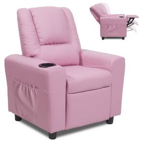 Pink Faux Leather 1-Seats Children Chair Recliner Sofa with Cup Holder, Side Pockets and Non-Slip Footstool