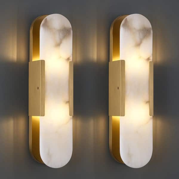 PUYRNF Modern 2-Light Natural Marble Brass Alabaster Wall Sconce,Wall Lamp with Alabaster Shade for Living Rooms(2pcs)