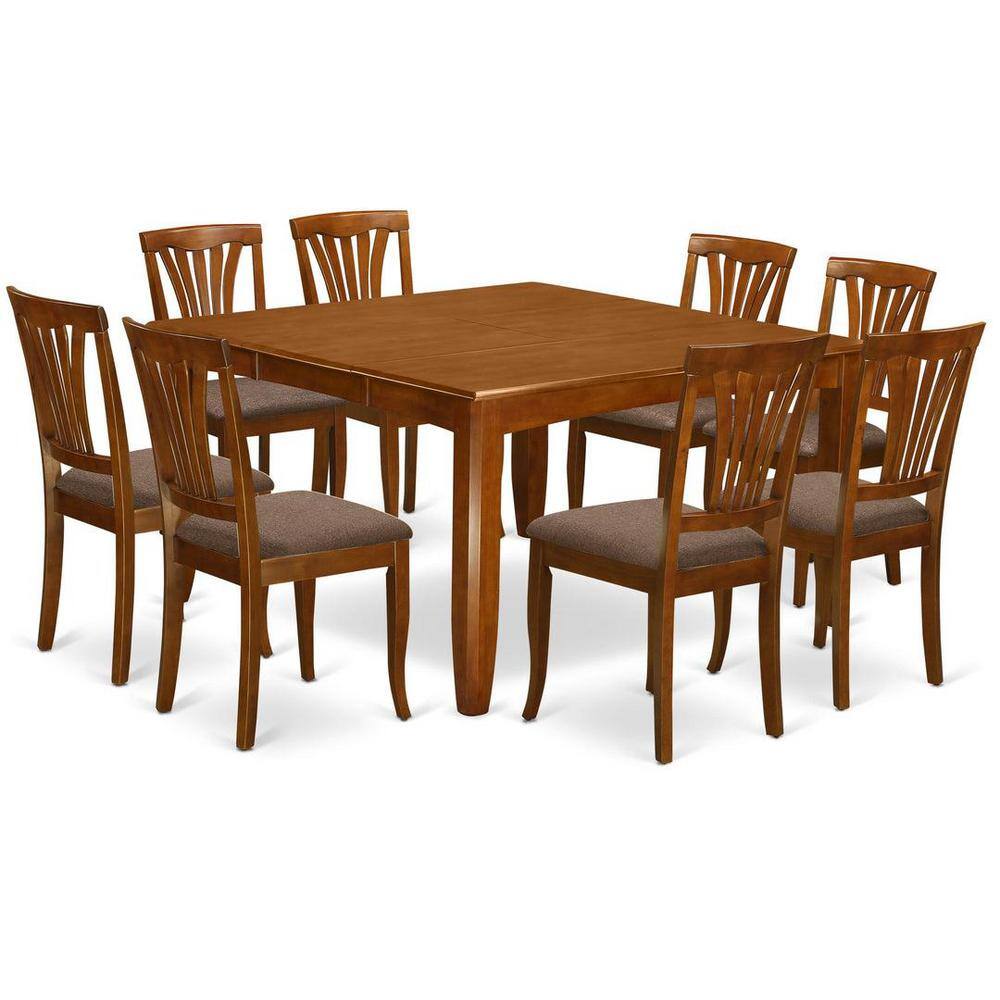 Saddle Brown Square Wood Dining Table with 8 Linen Chairs