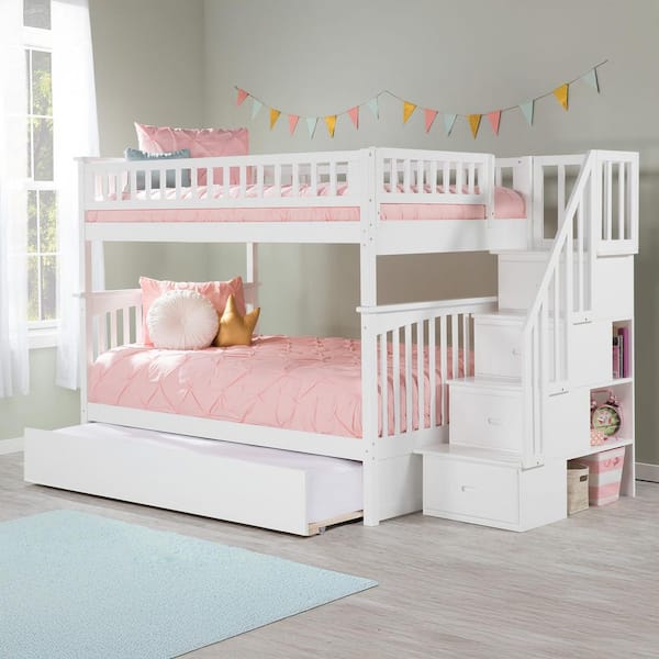 AFI Columbia Staircase White Full Over Full Bunk Bed with Twin Urban Trundle Bed