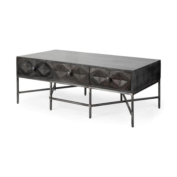 Hogarth Dark Brown Solid Wood w/Silver Iron Metal Frame & 6 Drawers Coffee Table