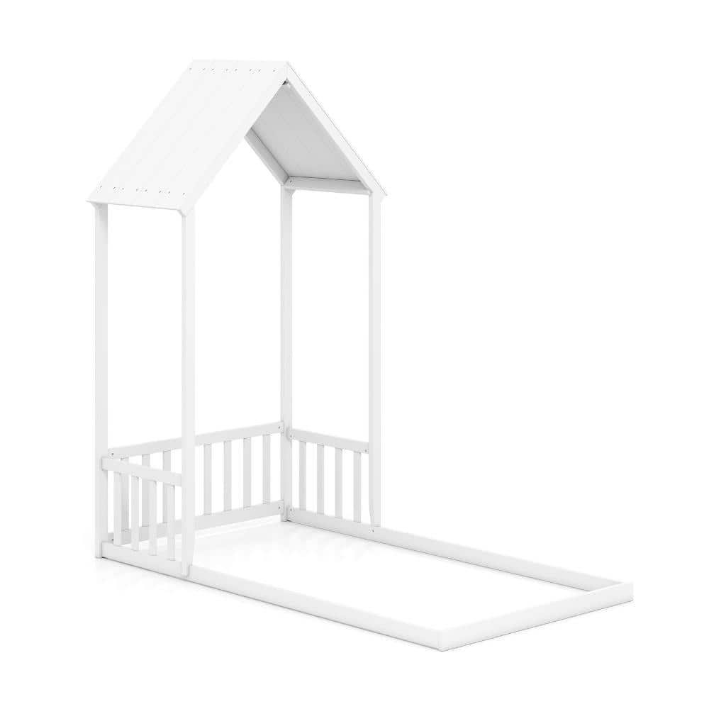 Twin House Bed with Roof Semi-Fence 78 in. Pine Wood Anti-Toppling Slat-Free Floor Bed for Kids price history on PriceWatchPro