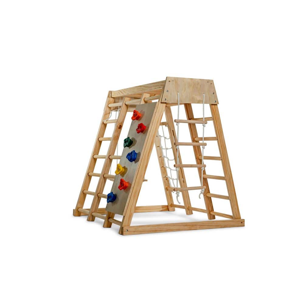 Large Natural Pine Indoor Playset with Slide, Swing, and Climbing Wall
