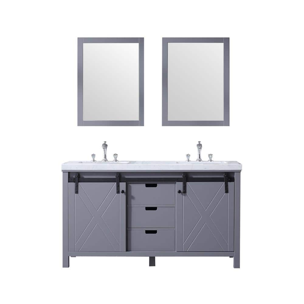 Marsyas 60 in W x 22 in D Dark Grey Double Bath Vanity, Carrara Marble Countertop, Faucet Set and 24 in Mirrors -  Lexora, LM342260DBBSMF