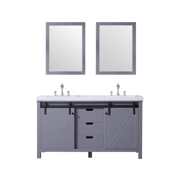 Lexora Marsyas 60 in W x 22 in D Dark Grey Double Bath Vanity, Carrara Marble Countertop, Faucet Set and 24 in Mirrors