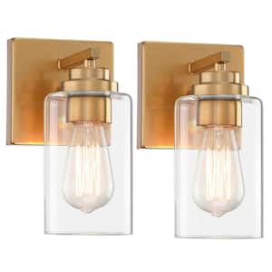 9.1 in. 2-Piece Wall Light Square Aged Brass Base 2-Light Wall Sconce with Clear Glass Shades (Set of 2)
