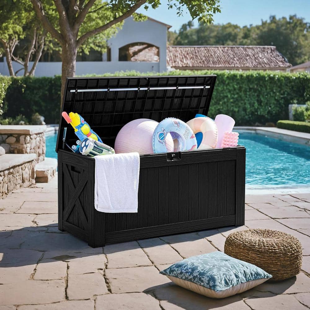 Large Black Resin Lockable Deck Box with Wood Texture