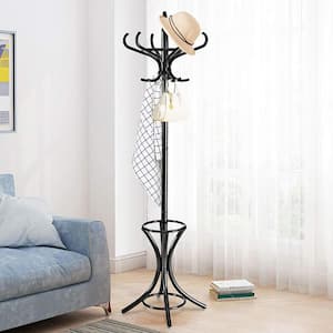 Black Wooden Standing Coat Rack Tree with 12 Hooks and Umbrella Stand