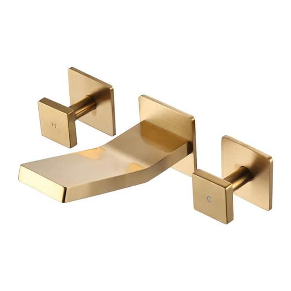 Double Handle Solid Brass Wall Mounted Bathroom Faucet, Waterfall Basin Faucet in Brushed Gold