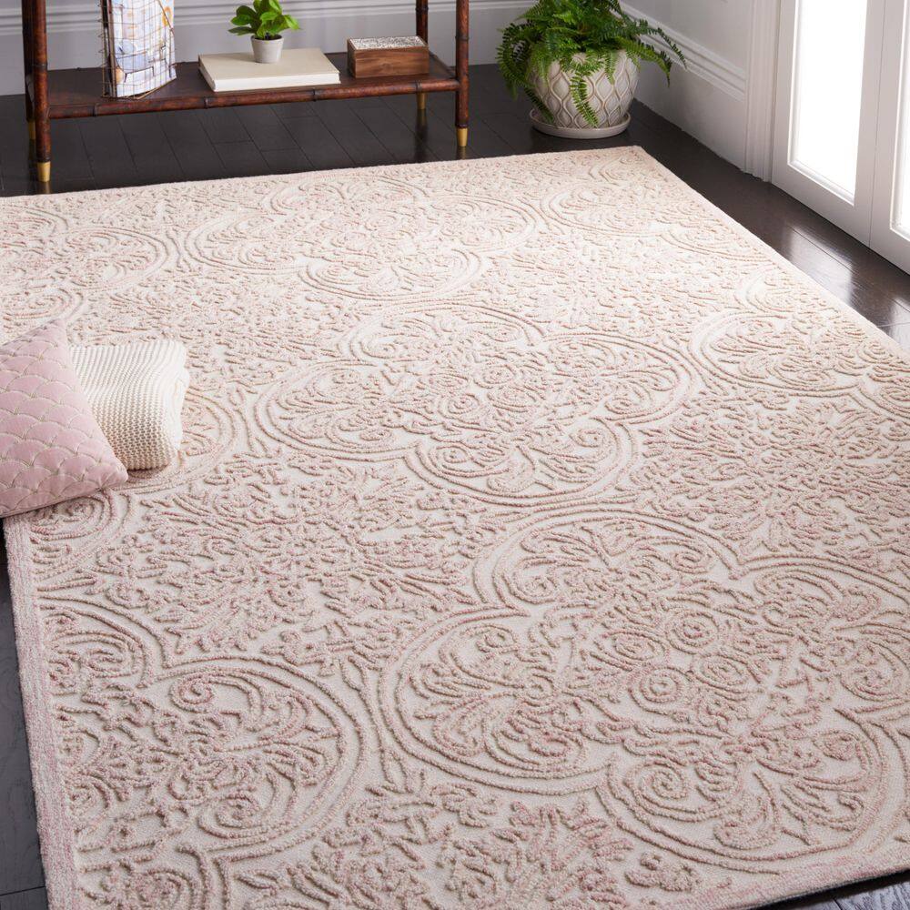 Ivory and Pink Hand Tufted Wool 6' x 9' Area Rug