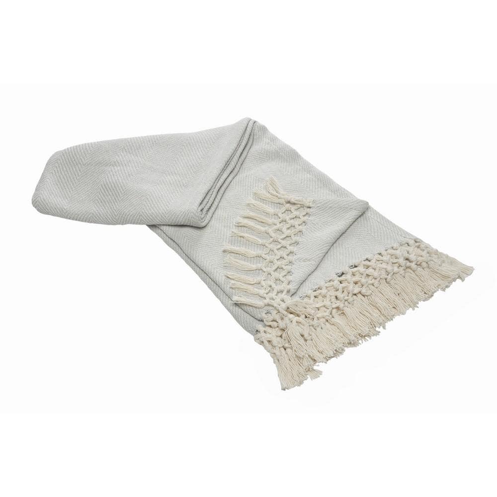 Gray Cotton Herringbone Throw Blanket with Fringe