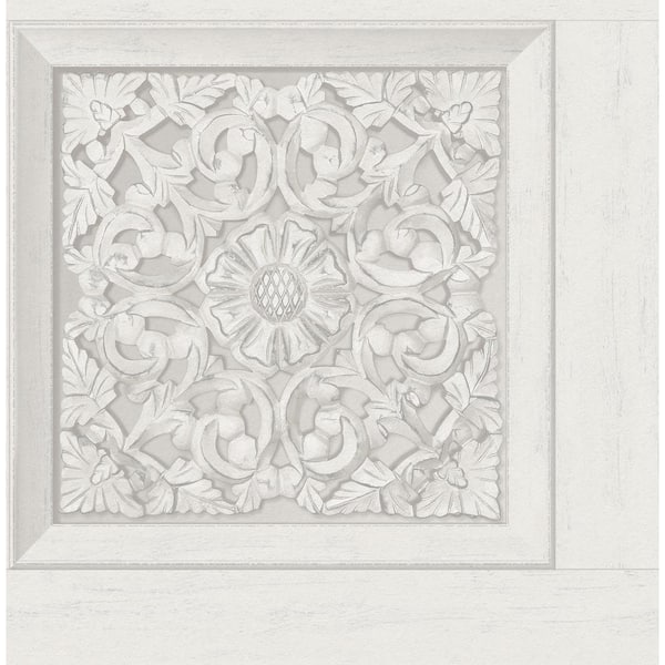 InHome Carved Floral White Wood Peel and Stick Sample, 8 in. x 10 in. Wallpaper Sample